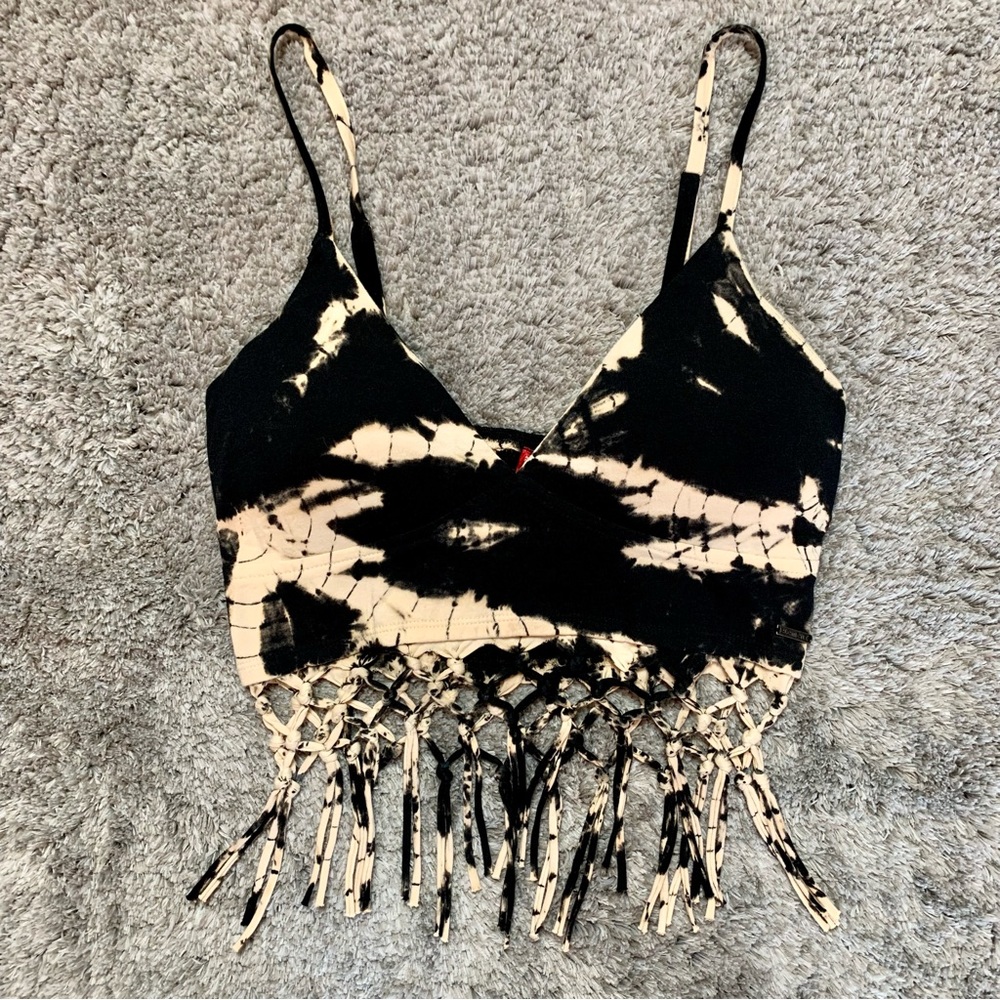 Vintage Y2K Element Bleached Tie Dye Fringe Cropped Tank Top